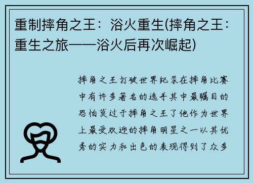 重制摔角之王：浴火重生(摔角之王：重生之旅——浴火后再次崛起)
